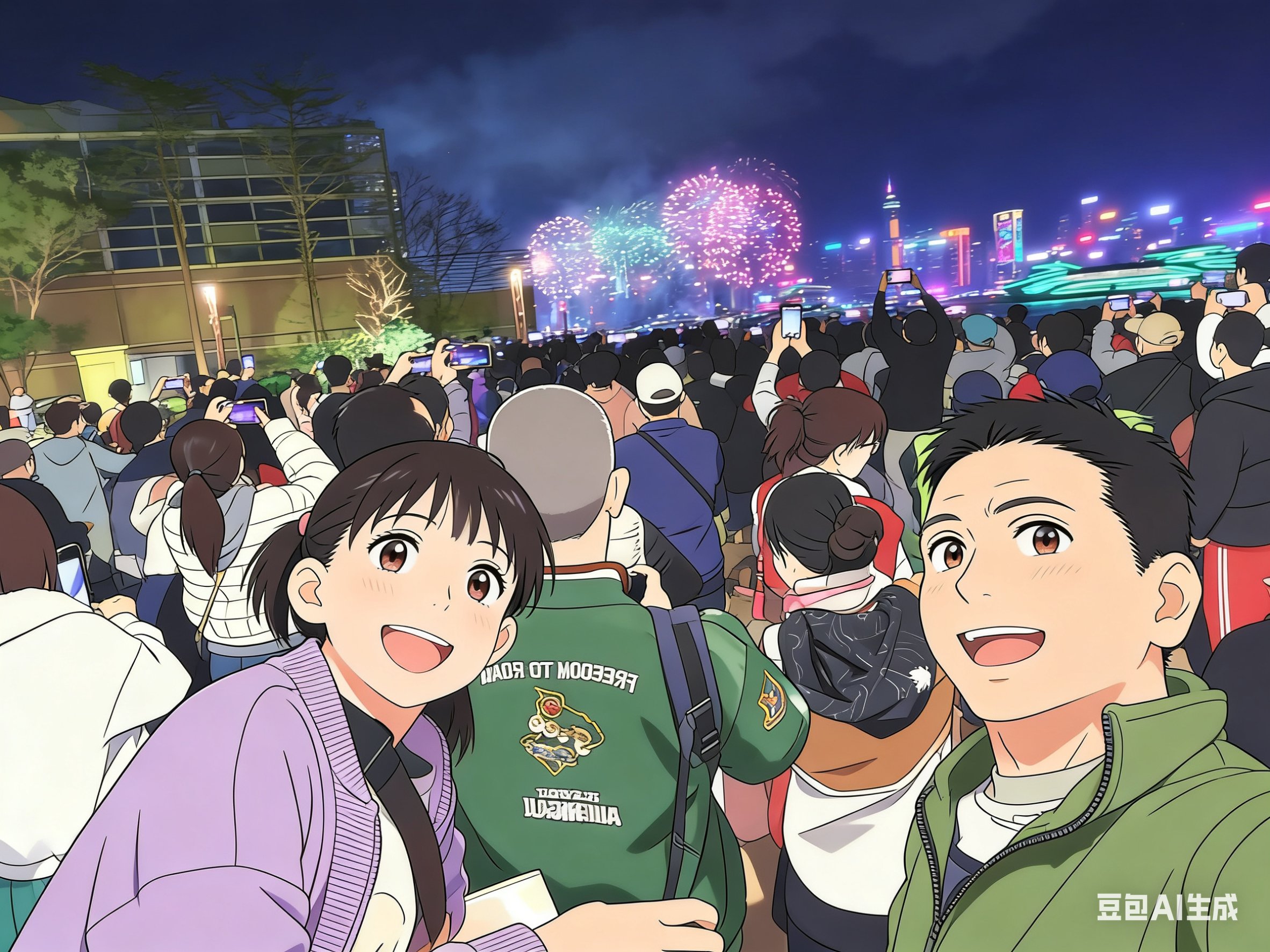 主人和小囡Edna在海旁看煙花